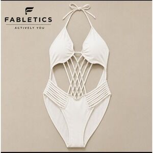 Fabletics Halah Maillot One Piece Swimsuit White Woven Halter XL SM1616383-1010